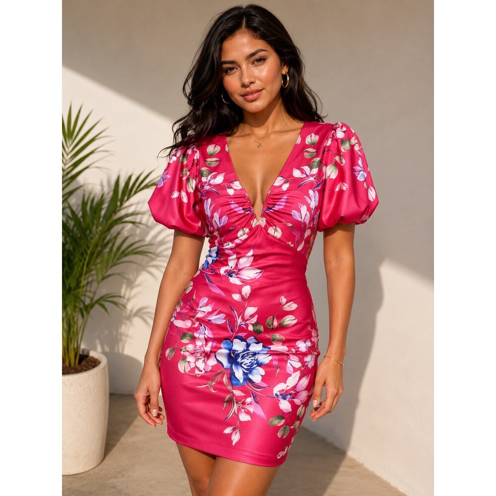 GORGEOUS GUESS FLORAL PUFF SLEEVE MINI DRESS - PINK - 4
